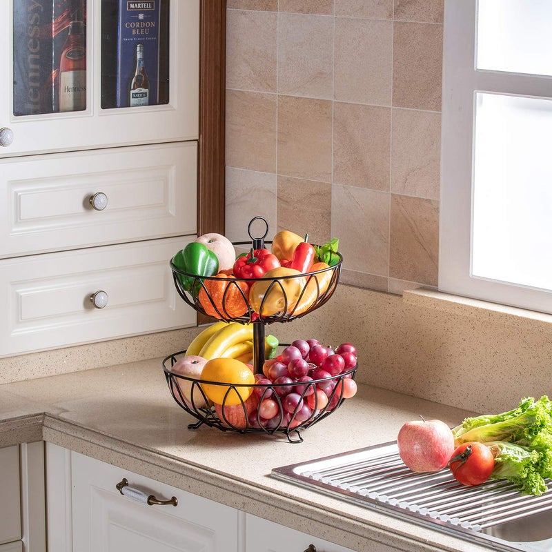 Rice rat Fruit Stand Vegetables Basket Counter Top Fruit Basket Bowl Storage for Kitchen Home Metal Cast Iron (2 Tier-Black) - Image 2